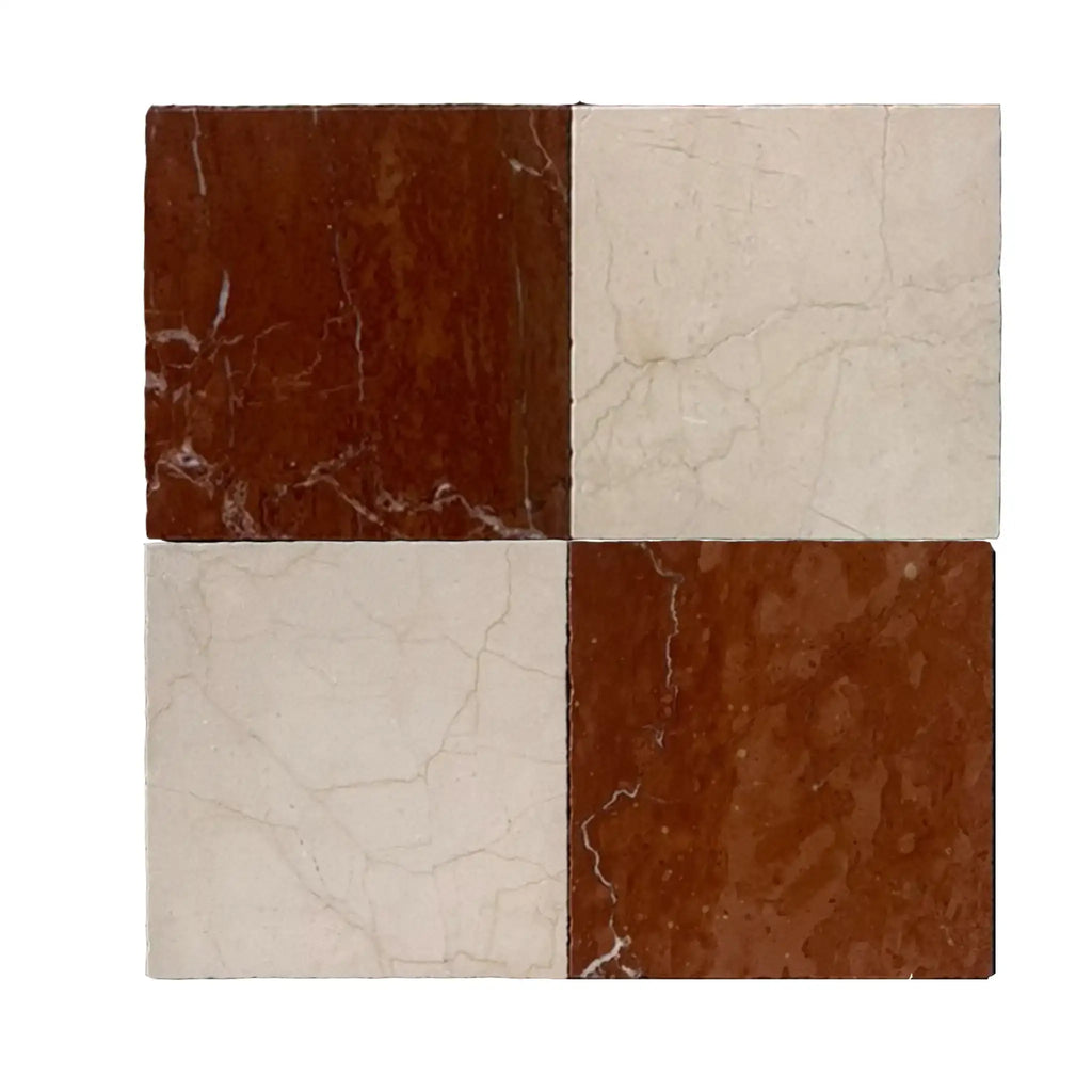Set of four Crema Marrfil Rustic Modern Tumbled marble tiles in brown and off-white