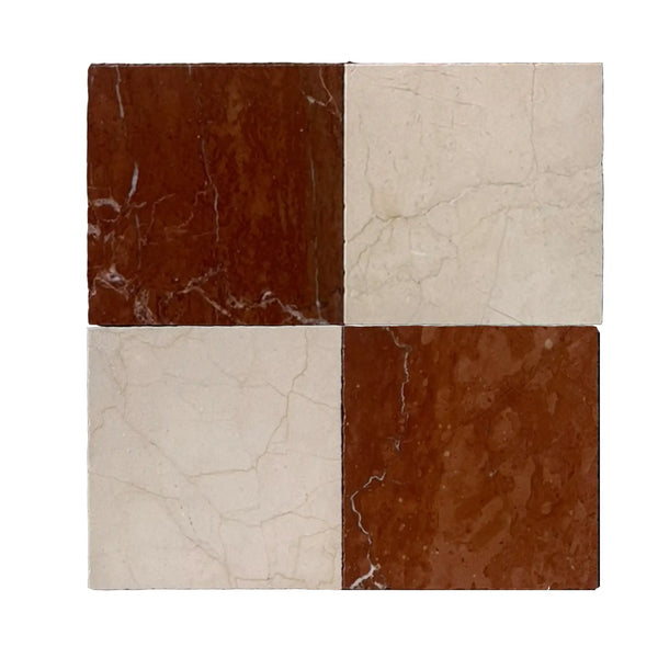 Set of four Crema Marrfil Rustic Modern Tumbled marble tiles in brown and off-white
