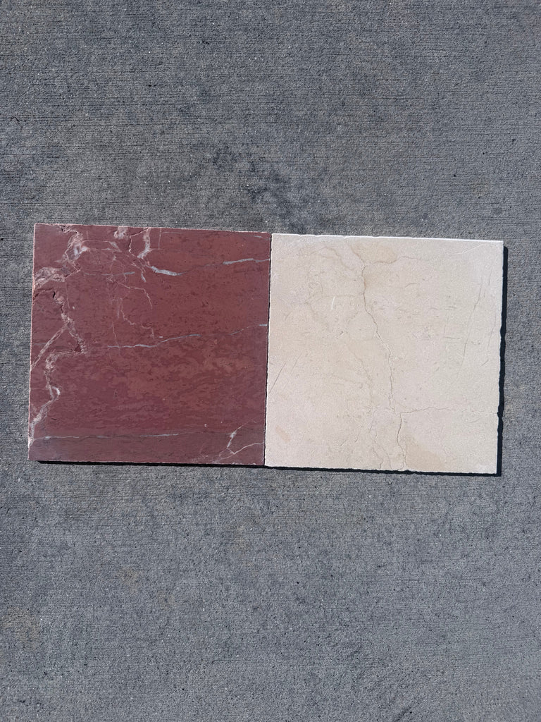 Crema Marrfil Rustic Modern Tumbled marble slabs in reddish-brown and off-white