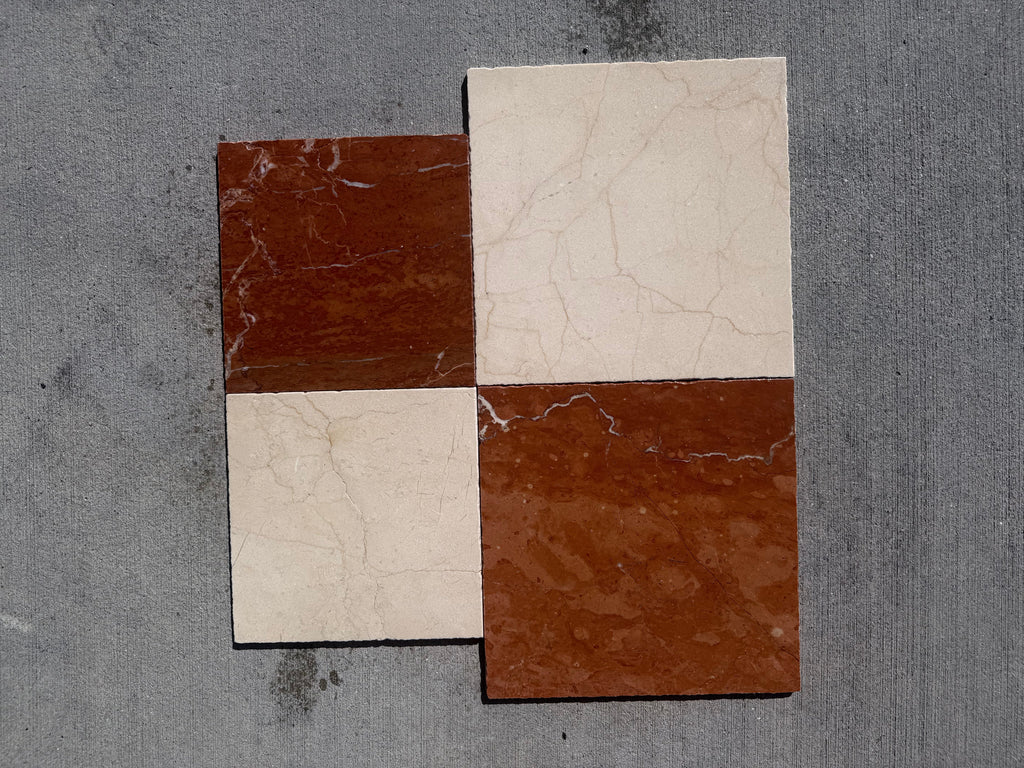 Crema Marrfil Rustic Modern Tumbled: reddish-brown veined and white marbled tiles
