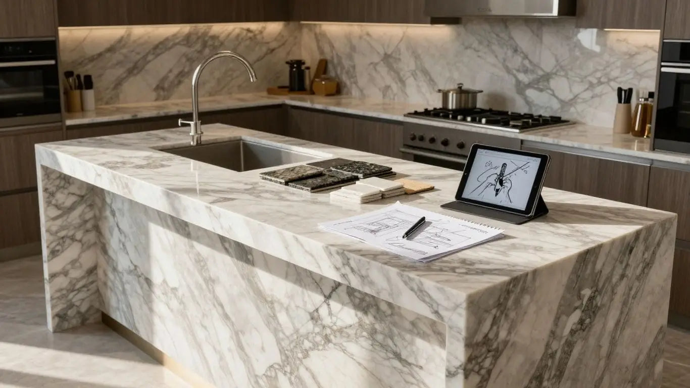 Interior designer sketching natural stone kitchen countertop.