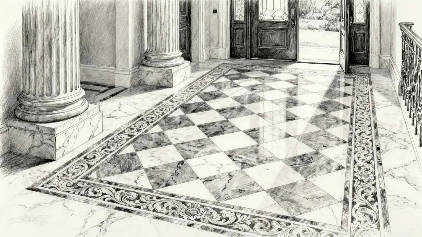 Grand marble entryway with classic checkerboard tile