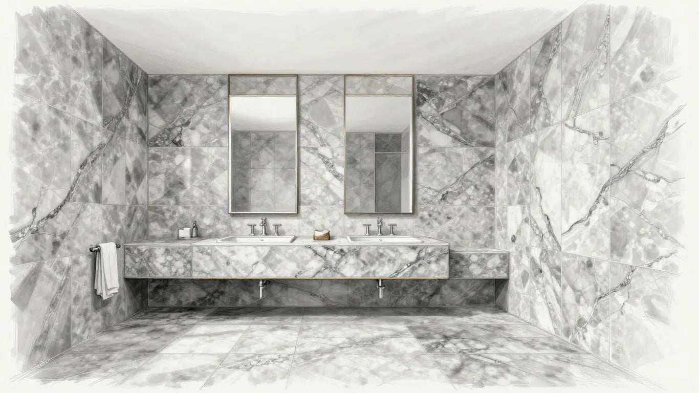 Silver travertine tiles in a bathroom sketch.