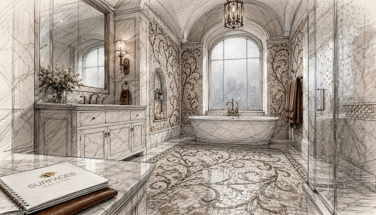 Elegant marble mosaic bathroom interior