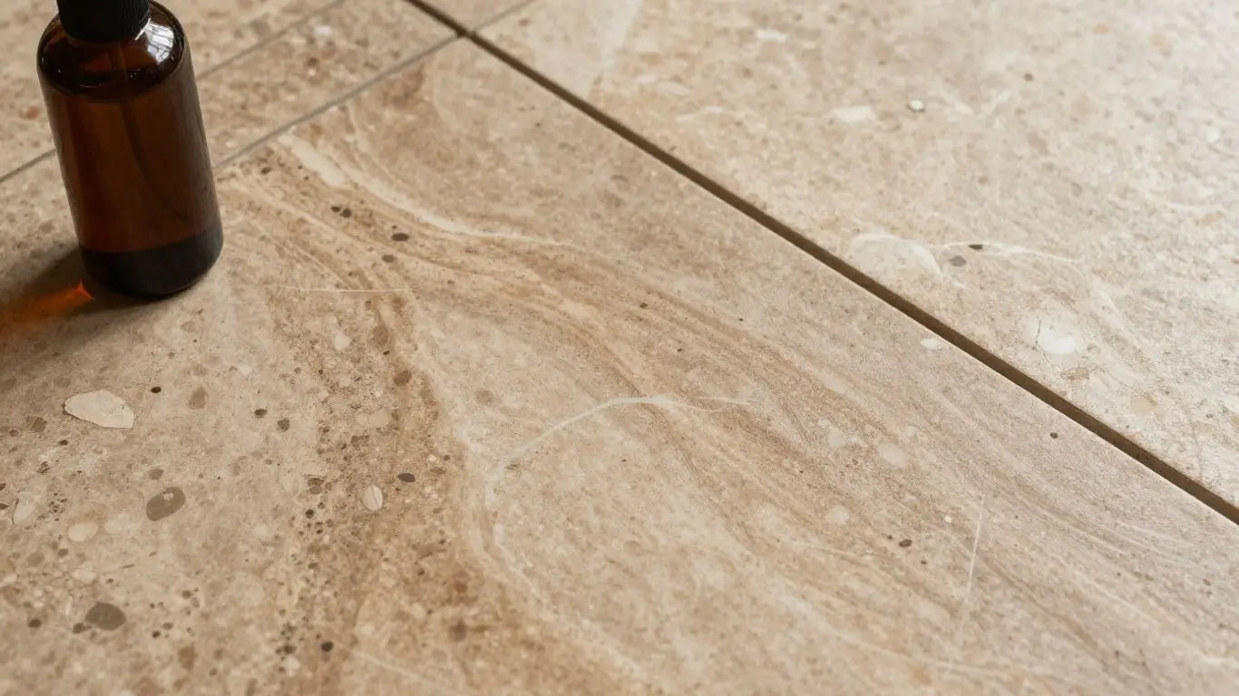 Travertine tile with enhanced color and sealant.