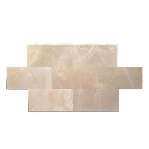 Beige onyx brick pattern in Dark Beige Brown Emperador Marble 12X24 Polished Tile