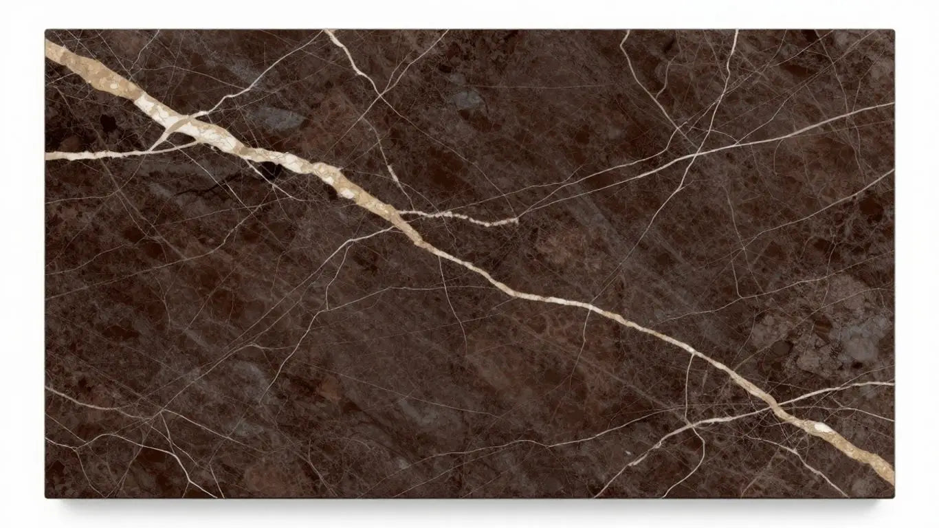 Emperador dark marble slabs with natural veining.