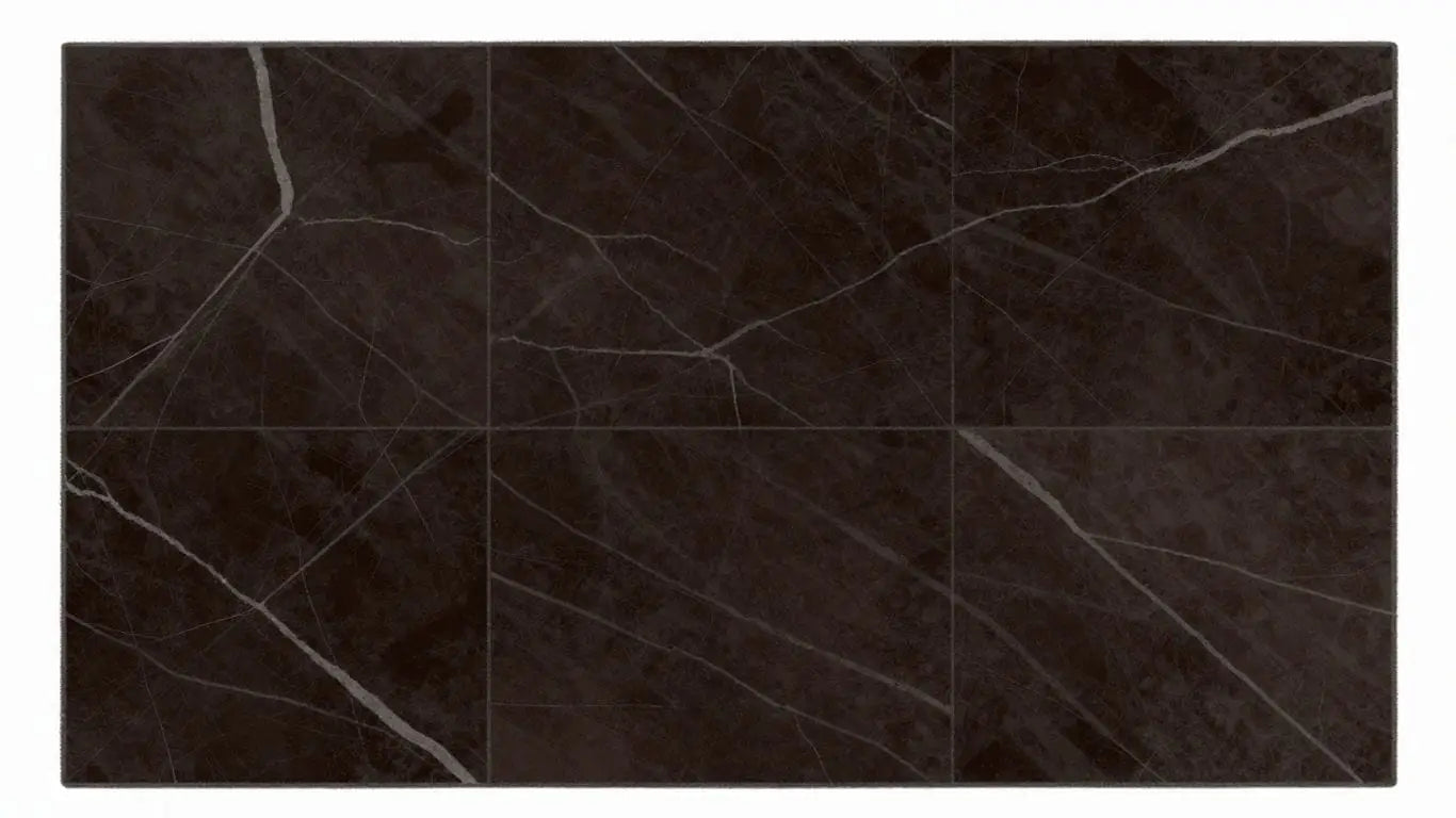 Emperador dark marble tiles with rich veining.