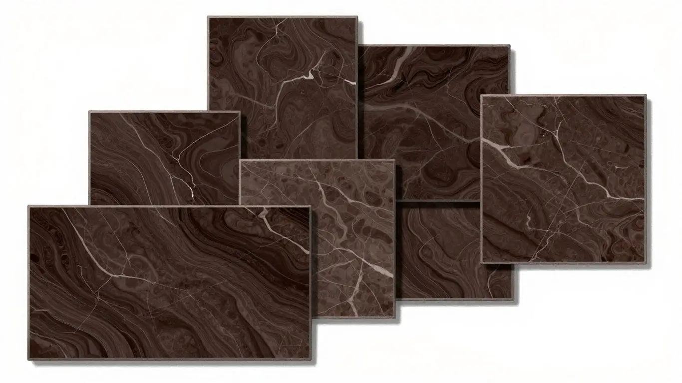 Emperador Dark marble tiles sketch with rich patterns.