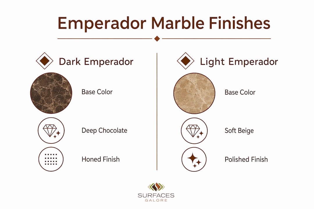 Infographic comparing Dark and Light Emperador marble finishes