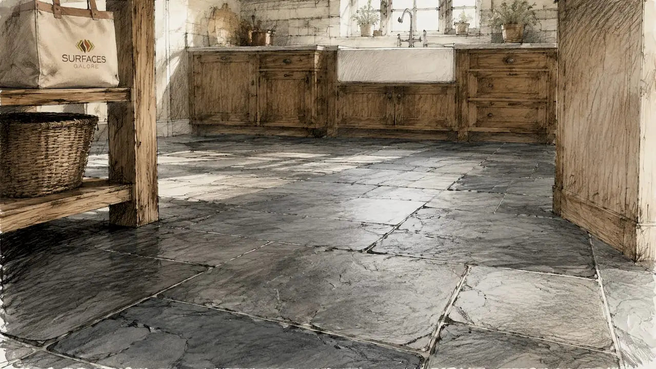 Large natural marble tile kitchen floor in sunlight