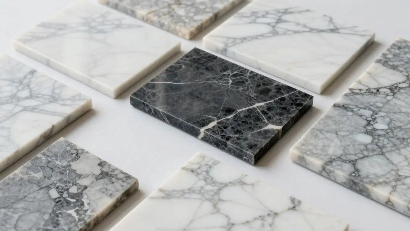 Marble slabs with elegant veining, ready for shipping.