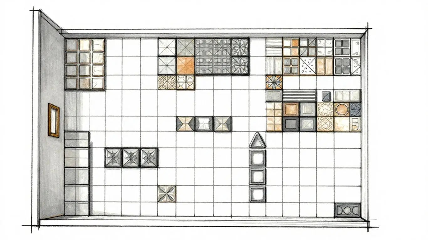 Room floor plan with different tile sizes and patterns.