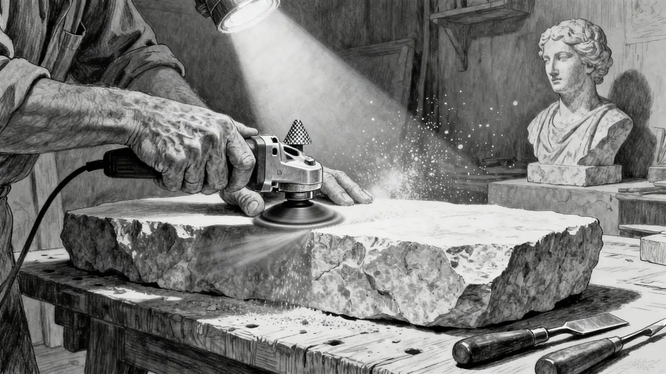 Professional artisan performing precision cuts on custom stone
