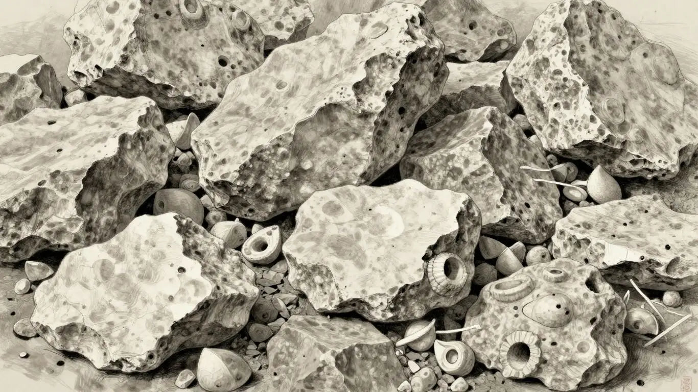 Fragmentos de concha de piedra caliza en una ilustración tipo boceto.