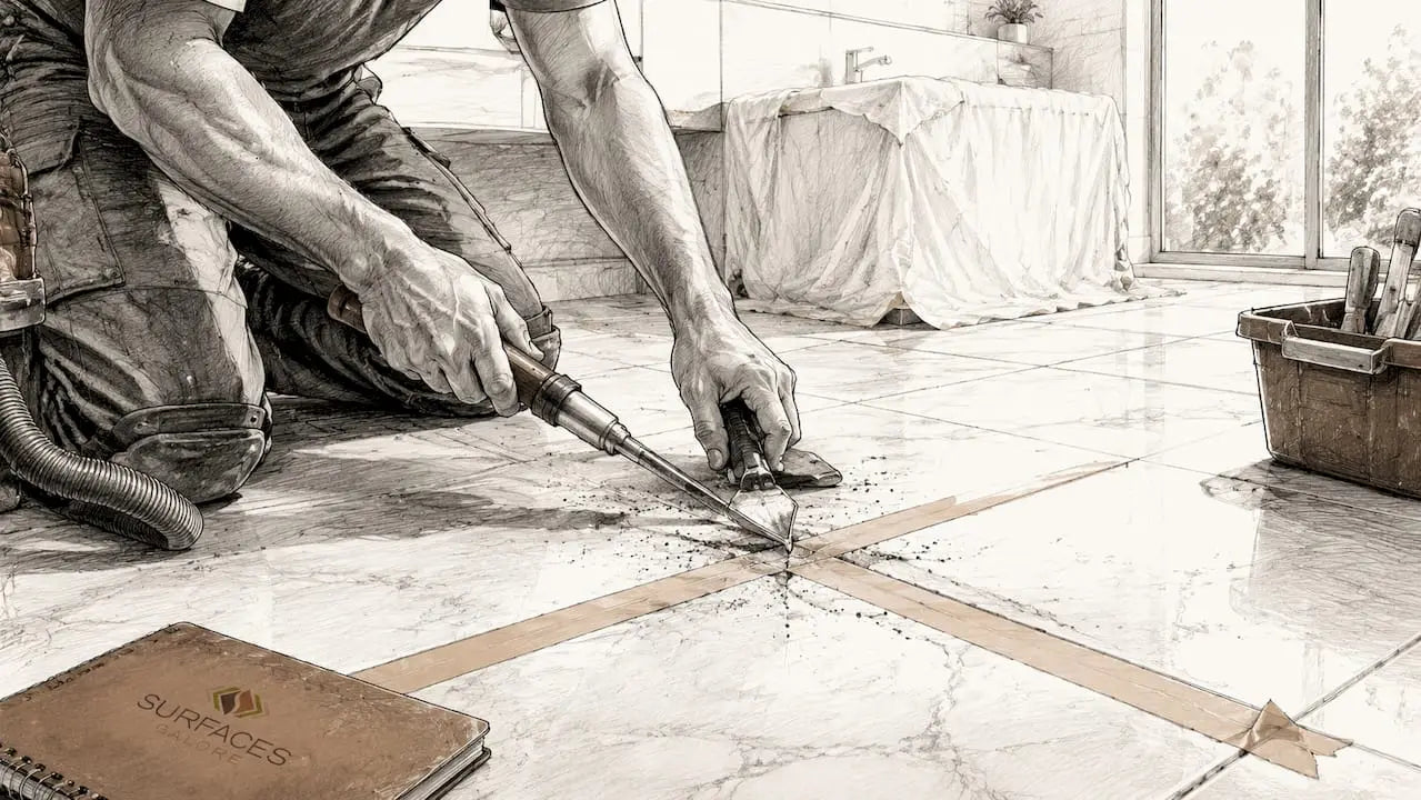 Close-up hands removing grout from marble tile