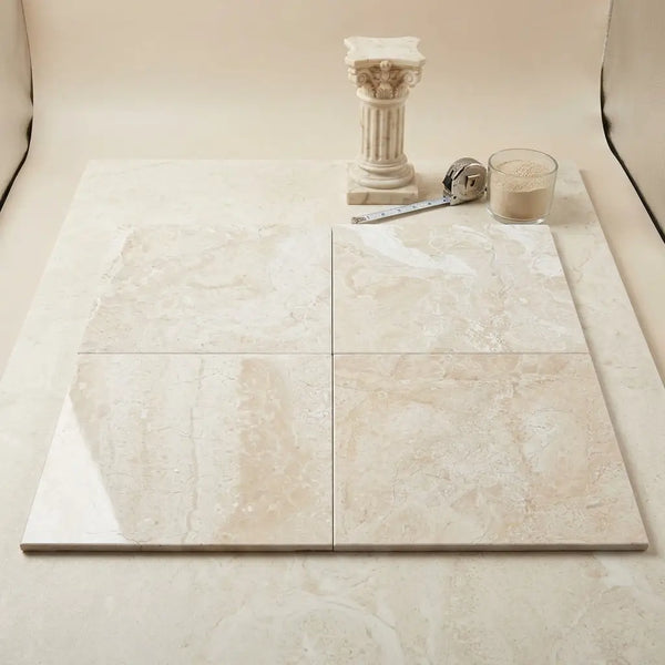 Four square beige diano royal marble effect floor tiles with subtle veining and polished glossy finish