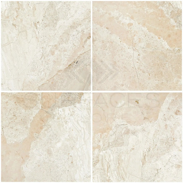 Four polished Diano Royal Queen Beige marble 12X12 tiles in beige color