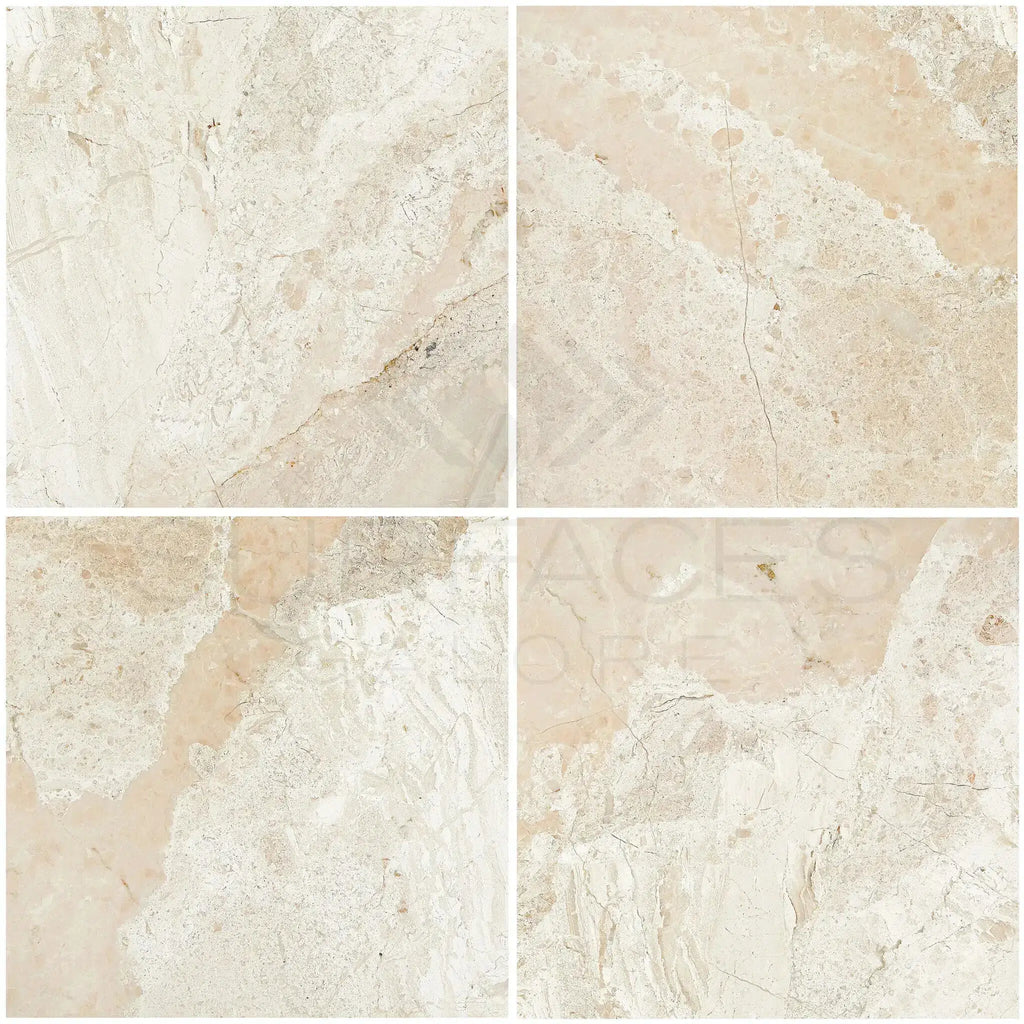 Four polished Diano Royal Queen Beige marble 12X12 tiles in beige color