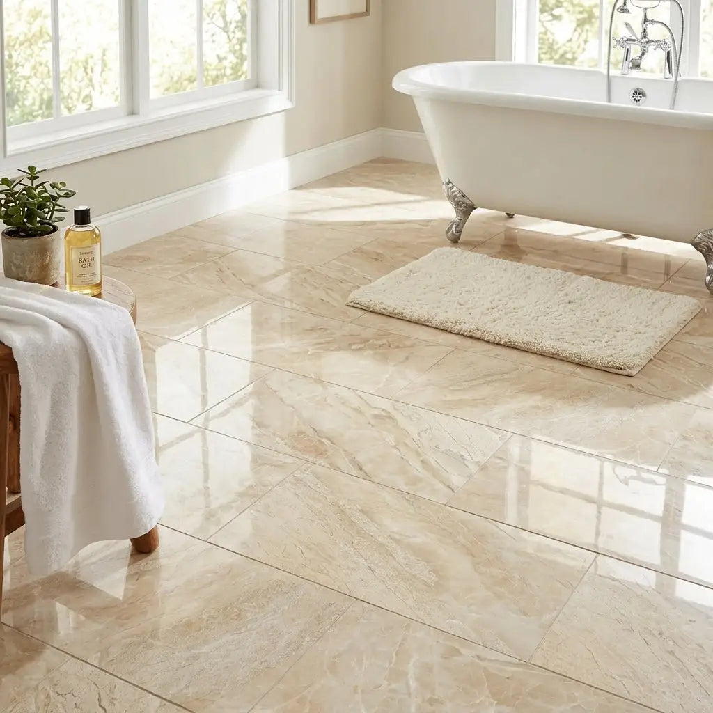 Beige marble effect diano royal queen beige 12x24 tile with subtle veining and glossy polished finish for bathroom floors