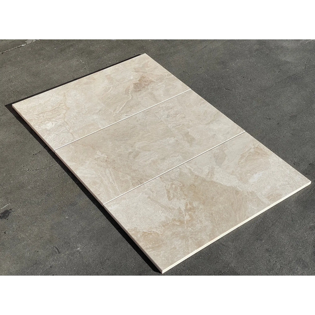 Beige marble effect ceramic floor tiles diano royal queen beige polished or honed 12x24 arranged in three piece layout