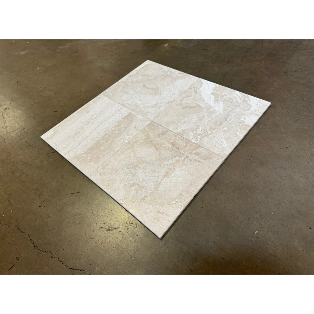 Beige marble-effect 18x18 Diano Royal queen beige polished or honed floor tile with subtle veining and glossy finish
