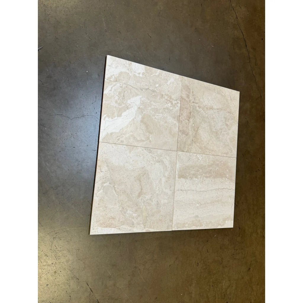 Beige marble effect ceramic tile diano royal queen beige 18x18 polished or honed with subtle veining and glossy finish