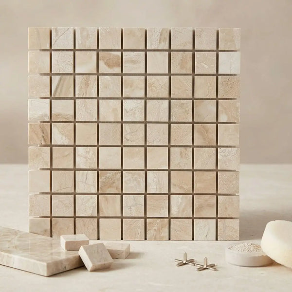 Beige marble 1x1 mosaic tile panel diano royal queen beige with subtle veining and polished finish