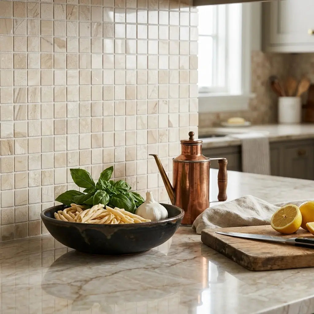 A dark ceramic bowl with pasta basil and garlic on diano royal queen beige marble 1x1 mosaic polished tile