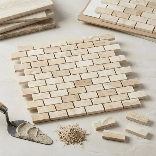 Diano royal queen beige marble polished 1x2 inch brick mosaic tile in classic beige marble pattern