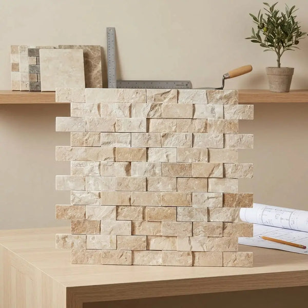 Beige stone veneer diano royal queen beige marble 1x2 brick mosaic with a natural textured surface and irregular shapes