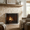 Black metal fireplace screen with mesh design in front of diano royal queen beige marble 1x2 brick mosaic split-faced wall