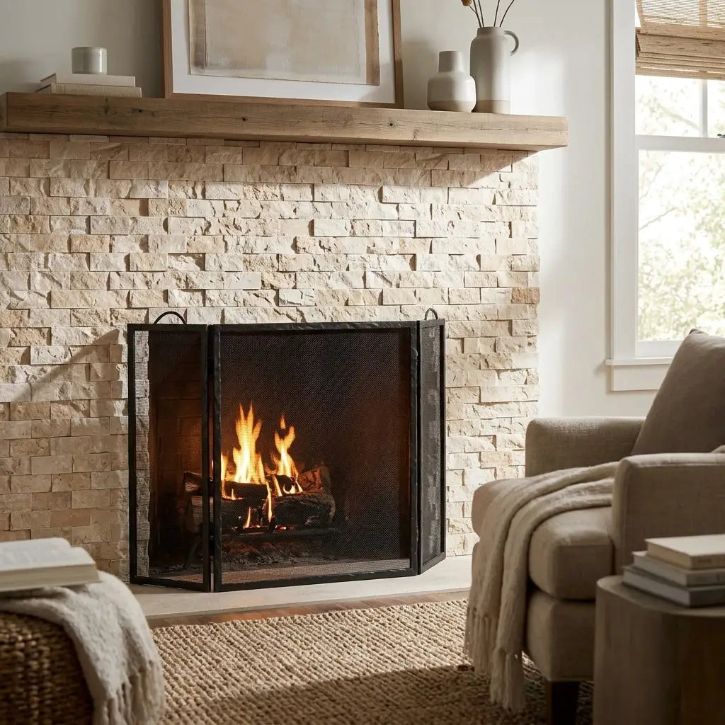 Black metal fireplace screen with mesh design in front of diano royal queen beige marble 1x2 brick mosaic split-faced wall