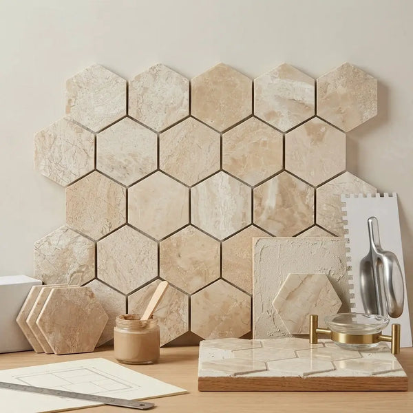 Diano Royal queen beige marble 2 inch hexagon mosaic tile with polished beige hexagonal marble and metallic grout lines