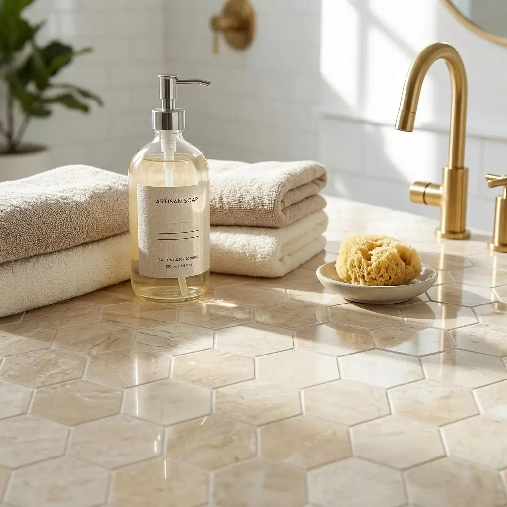 Clear glass artisan soap bottle with silver pump containing cotton seed soap against diano royal queen beige marble mosaic background