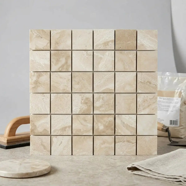 Diano royal queen beige marble 2x2 polished mosaic tile panel with subtle veined beige marble pattern