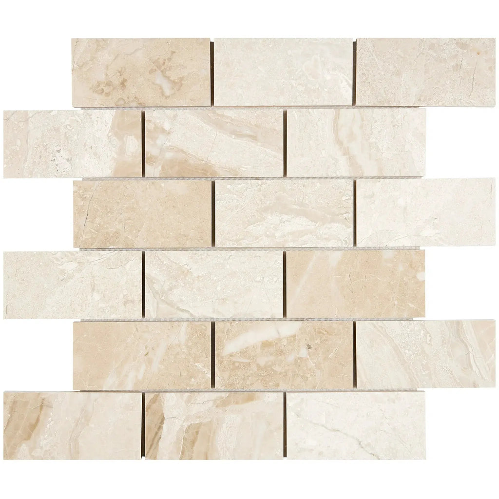 Beige marble brick mosaic tile in Diano Royal Queen Beige polished finish