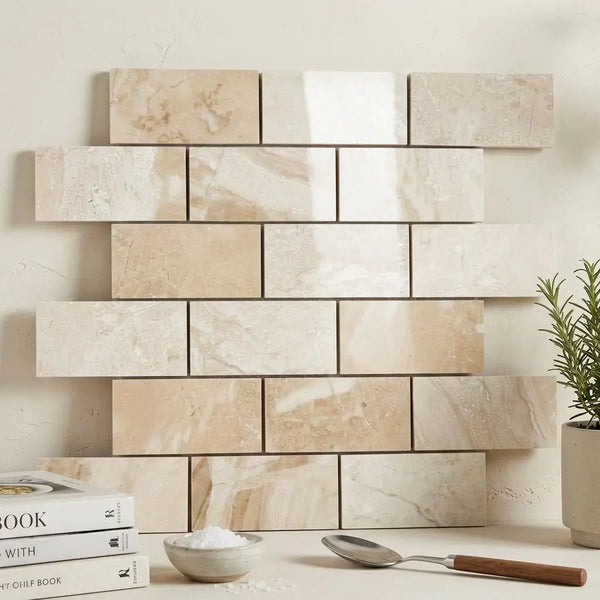 Beige diano royal marble 2x4 brick mosaic polished subway tile panel with natural veining and subtle sheen