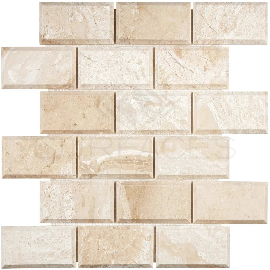 Beige marble brick mosaic of Diano Royal Queen Beige polished deep-beveled design