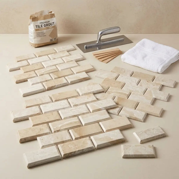 Beige marble 2x4 deep-beveled brick mosaic tile with natural veining and polished sheen from Diano Royal Queen Beige