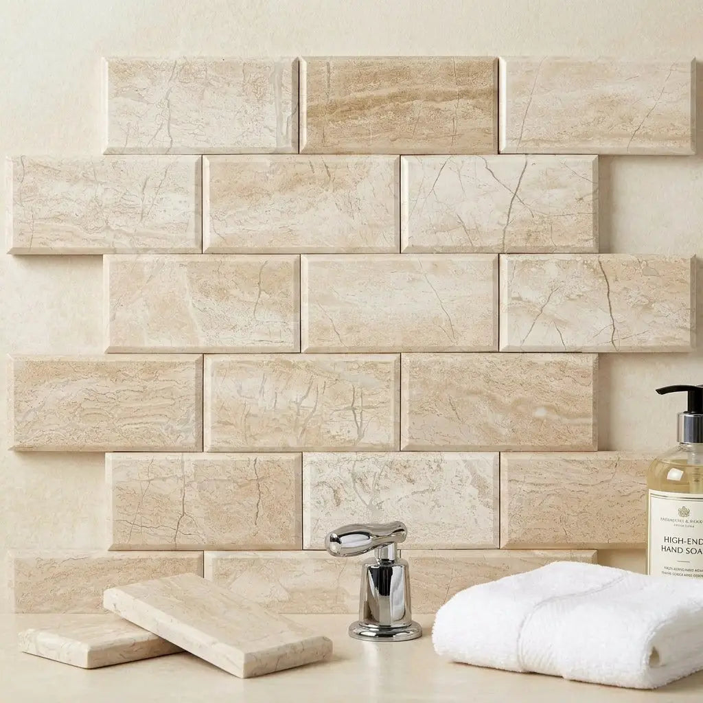 Beige marble effect subway tile mosaic wall with subtle veining and matte finish diano royal queen beige marble 2x4 pillowed brick polished