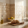 Diano Royal queen beige marble 2x4 pillowed brick mosaic polished beige subway tile backsplash with glossy finish