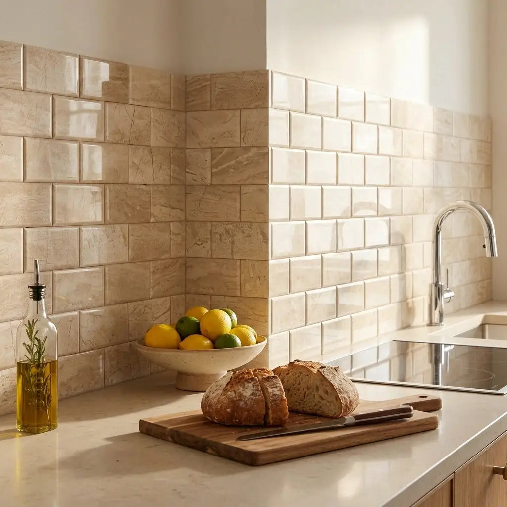 Diano Royal queen beige marble 2x4 pillowed brick mosaic polished beige subway tile backsplash with glossy finish