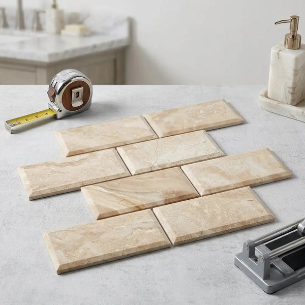 Beige marble subway tiles diano royal queen beige with subtle veining and polished finish 3x6 deep-beveled