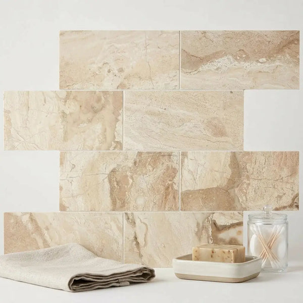 Beige marble effect rectangular diano royal queen beige polished or honed wall tiles arranged in staggered pattern