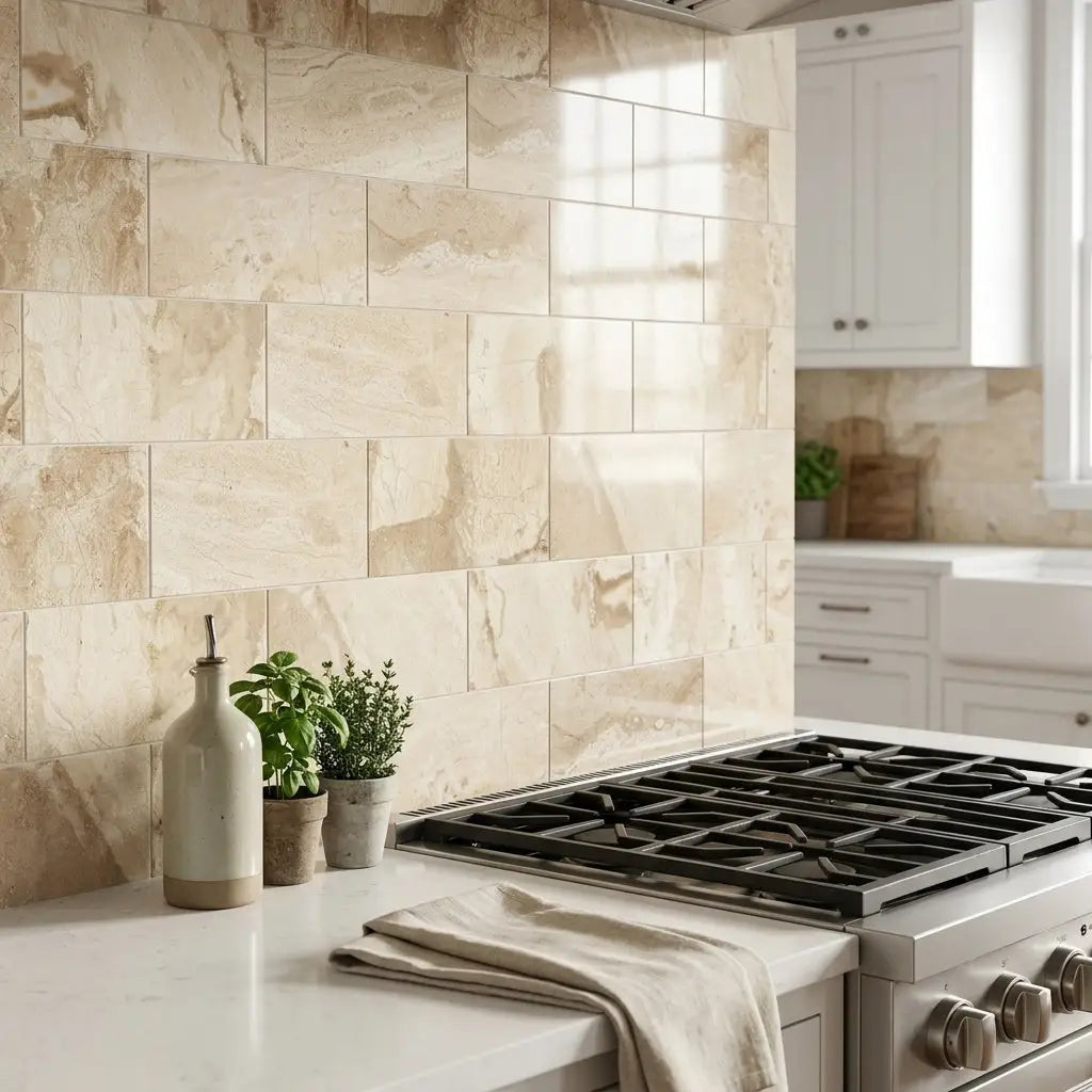 Beige marble-effect subway tile diano royal queen beige 3x6 polished or honed with subtle veining and glossy finish