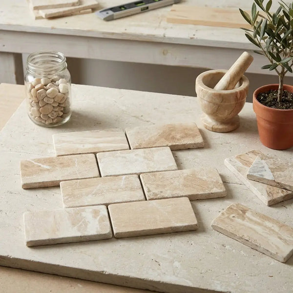 Beige rectangular diano royal queen beige marble 3x6 tile tumbled with natural veining in a staggered pattern