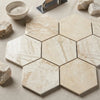 Beige hexagonal diano royal queen beige marble mosaic tiles with natural veining and polished finish