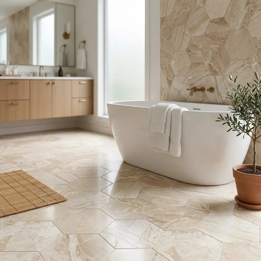 Free-standing white bathtub with gold-toned fixtures and towel over side on Diano Royal queen beige marble hexagon mosaic tile