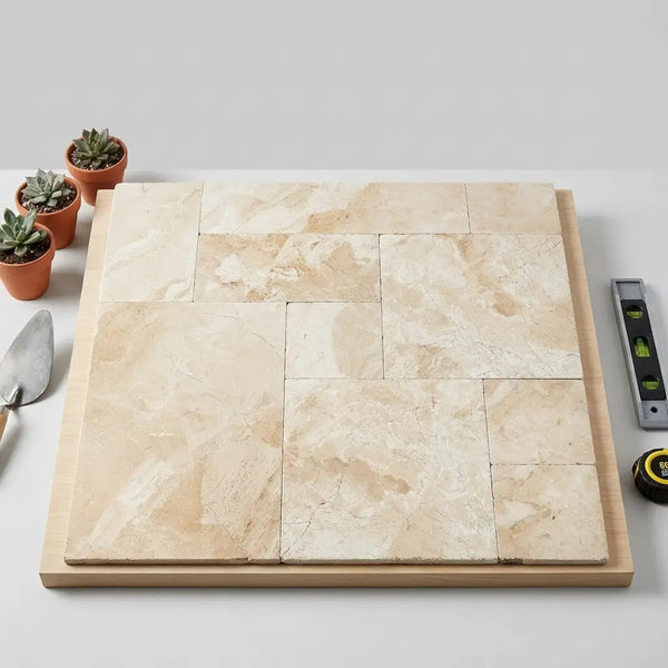Beige stone marble tiles diano royal queen beige tumbled 4 pcs versailles pattern arranged on wooden board